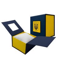 Подарочная картонная коробочка для часов сине-желтая  с черным трезубцем
