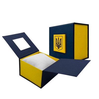 Подарункова картонна коробочка для годинника синьо-жовта з чорним тризубом
