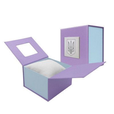 Подарункова картонна коробочка для годинника фіолетово-блакитна тризуб срібло