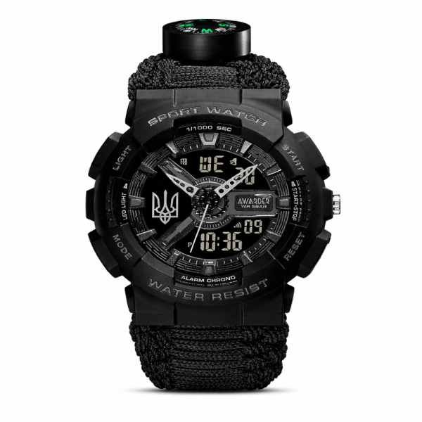Чоловічий годинник Awarder 005 Тризуб срібло  Black + Паракордовий ремінець Black фото 1