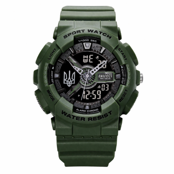 Спортивний чоловічий годинник Awarder 005 Тризуб срібло Army Green + Коробка фото 1