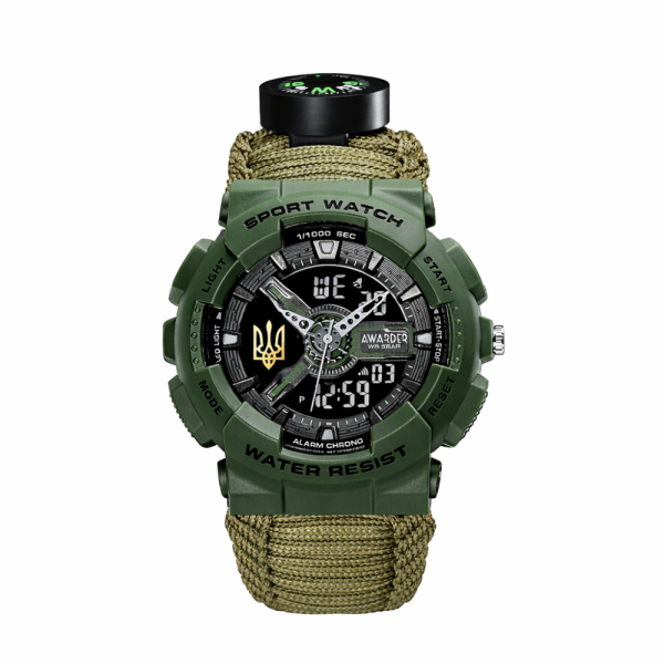 Спортивний чоловічий годинник Awarder 005P Тризуб золото Army Green Паракордовий ремінець Army Green + Коробка фото 1