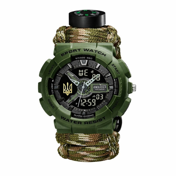 Спортивний чоловічий годинник Awarder 005P Тризуб золото Army Green Паракордовий ремінець Camo Green + Коробка фото 1