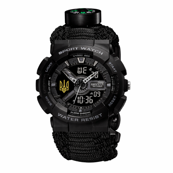 Спортивний чоловічий годинник Awarder 005P Трезубец серебро Black + Паракордовый ремешок Black фото 1