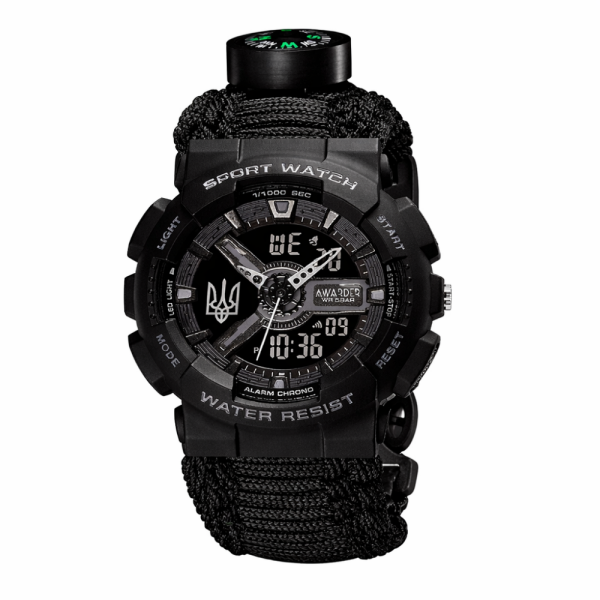 Спортивний чоловічий годинник Awarder 005P Тризуб срібло Black + Паракордовий ремінець Black фото 1