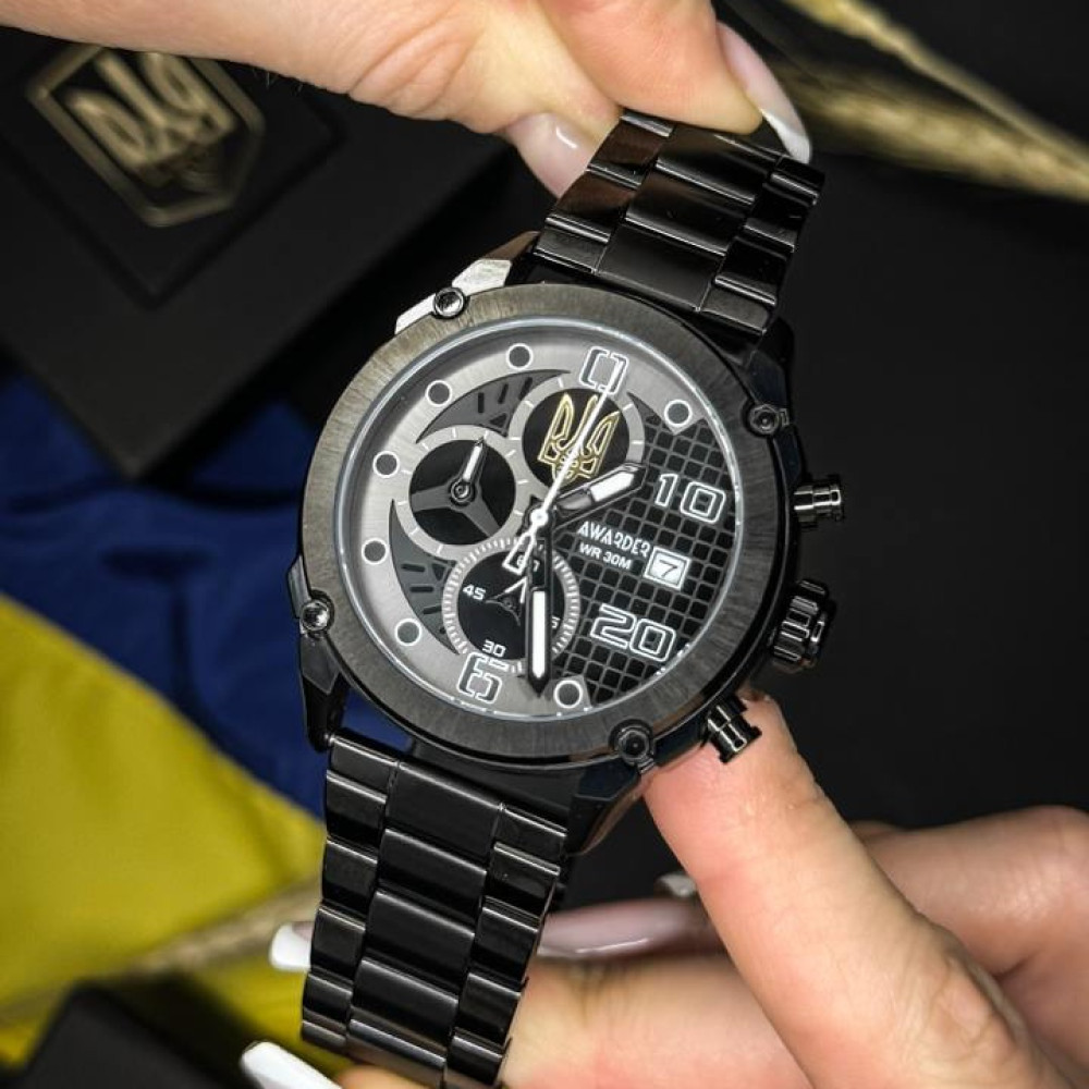 ⌚Купити Чоловічий годинник Awarder 016 Тризуб золото Black-Black