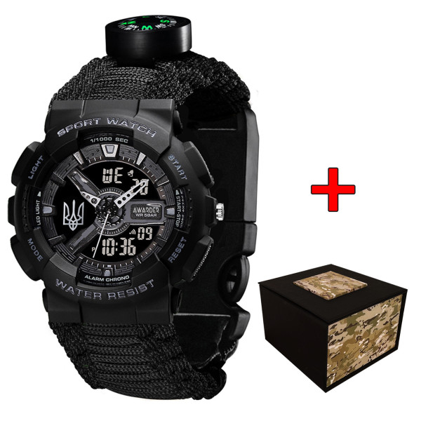 Чоловічий годинник Awarder 005 Тризуб срібло  Black + Паракордовий ремінець Black фото 1