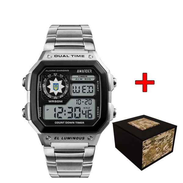 Спортивний чоловічий годинник Awarder 011BKPO Поліція Срібло + Коробка фото 1