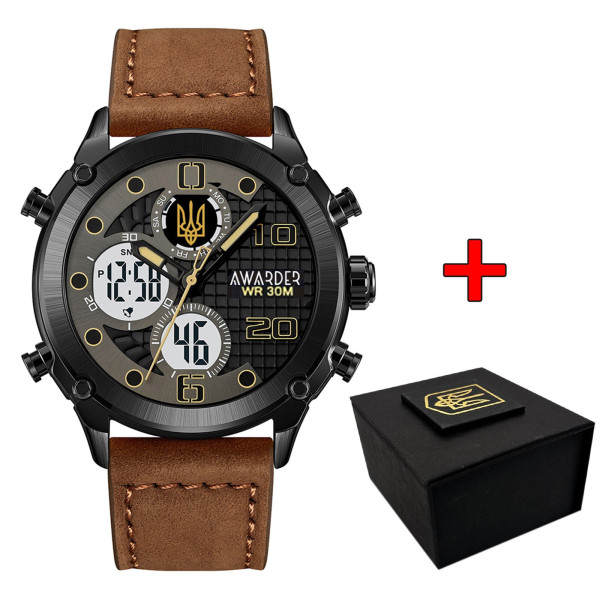 Класичний чоловічий годинник Awarder 017BKBR Тризуб золото Black-Brown фото 1