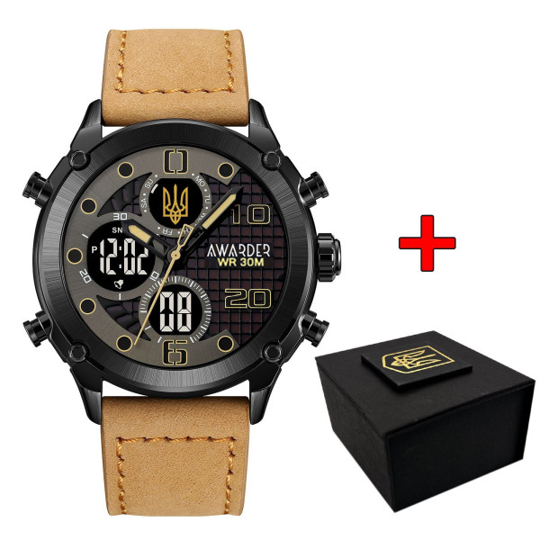 Класичний чоловічий годинник Awarder 017BKBKBR Тризуб золото Black-Black-Light Brown фото 1