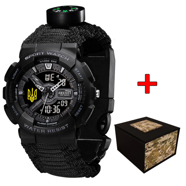 Спортивний чоловічий годинник Awarder 005P Трезубец серебро Black + Паракордовый ремешок Black фото 1