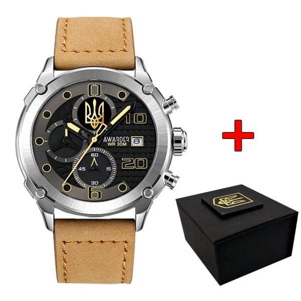 Классические мужские часы Awarder 016 Трезубец золото Silver Light Brown фото 1