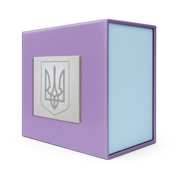 Подарункова картонна коробочка для годинника фіолетово-блакитна тризуб срібло фото 1