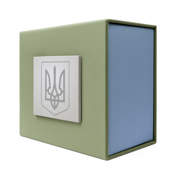 Подарункова картонна коробочка для годинника зелено-блакитна тризуб срібло фото 1