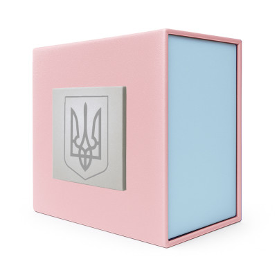 Подарункова картонна коробочка для годинника рожево-блакитна тризуб срібло