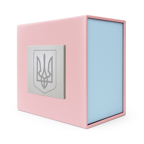 Подарункова картонна коробочка для годинника рожево-блакитна тризуб срібло фото 1