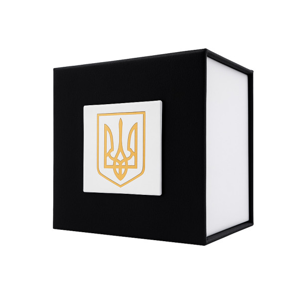 Подарункова картонна коробочка для годинника чорно-біла з тризубом золото фото 1