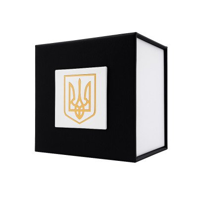 Подарункова картонна коробочка для годинника чорно-біла з тризубом золото