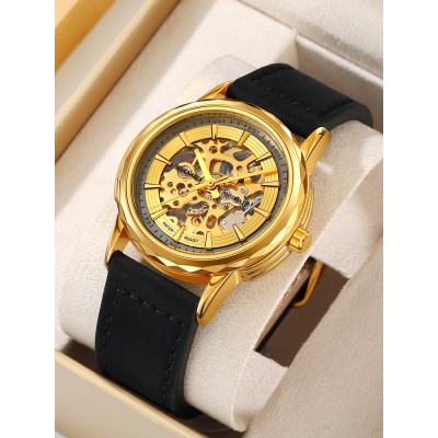 Мужские часы Skmei M035LGDBK Gold-Black Leather