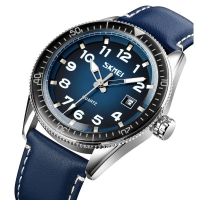 Мужские часы Skmei 9232LSIBU Silver-Blue-Leather Strap