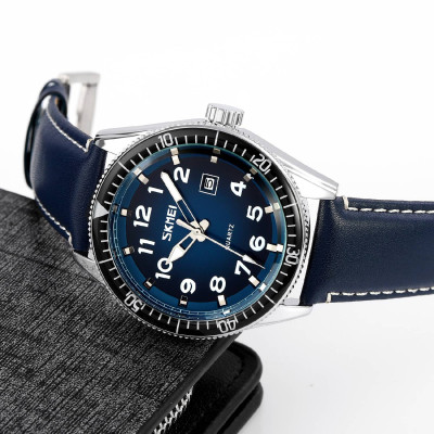 Мужские часы Skmei 9232LSIBU Silver-Blue-Leather Strap
