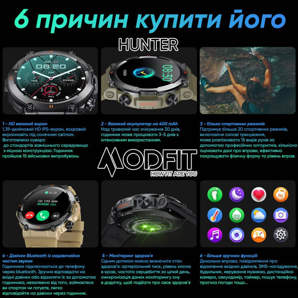 Смарт часы Modfit Hunter All Black 36 мм. фото 4