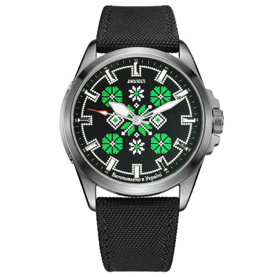 Патриотические наручные часы Awarder Embroidery Silver-Green Black Battery 10ATM