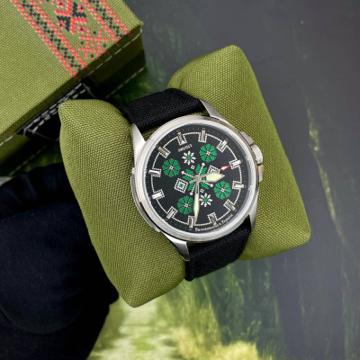 Патриотические наручные часы Awarder Embroidery Silver-Green Black Battery 10ATM