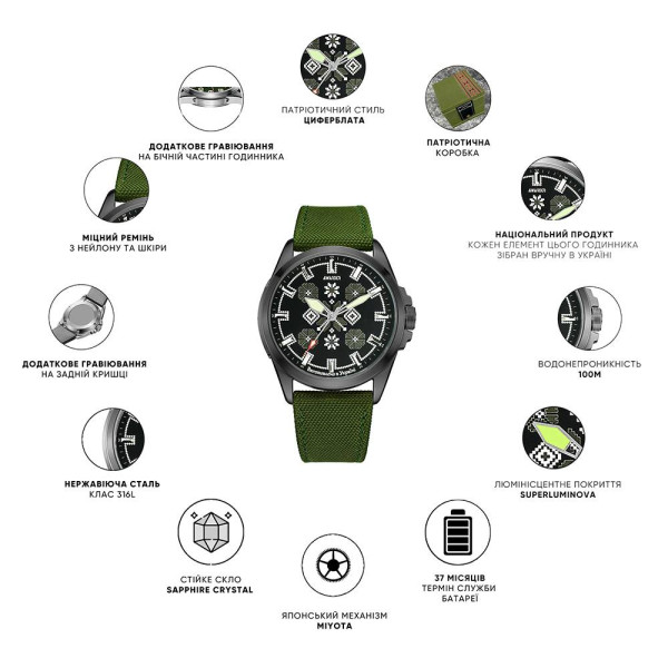 Патриотические наручные часы Awarder Embroidery Silver-Army Green Black Battery 10ATM фото 3