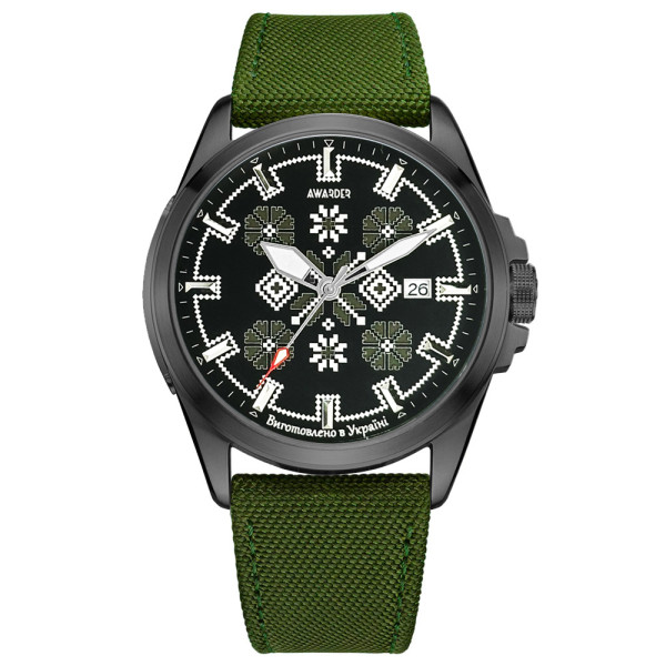 Патріотичний наручний годинник Awarder Embroidery Black-Army Green Green Automatic 10ATM фото 1