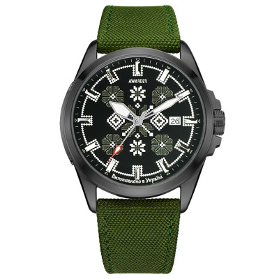 Патриотические наручные часы Awarder Embroidery Black-Army Green Green Automatic 10ATM