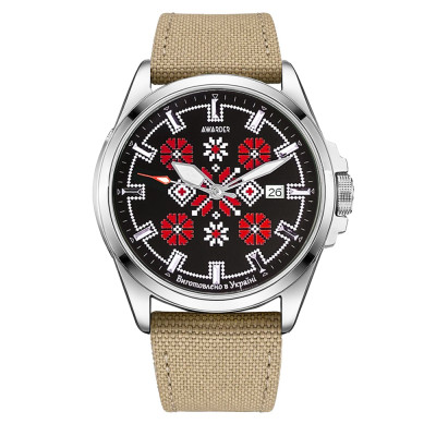 Патріотичний наручний годинник Awarder Embroidery Silver-Red Khaki Automatic 10ATM