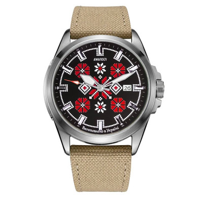Патріотичний наручний годинник Awarder Embroidery Silver-Red Khaki Automatic 10ATM