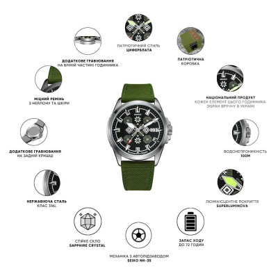 Патріотичний наручний годинник Awarder Embroidery Silver-Red Khaki Automatic 10ATM