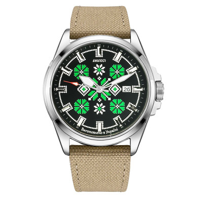 Патріотичний наручний годинник Awarder Embroidery Silver-Green Khaki Automatic 10ATM
