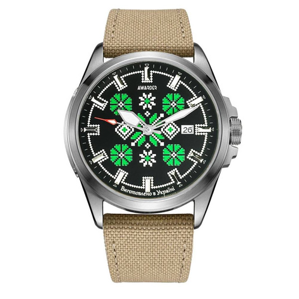 Патриотические наручные часы Awarder Embroidery Silver-Green Khaki Automatic 10ATM фото 1