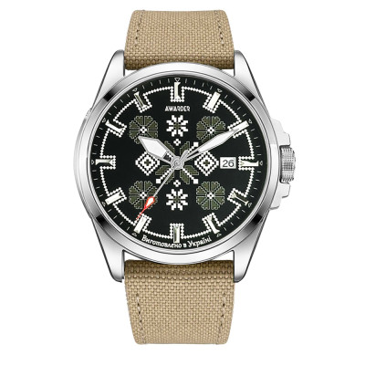 Патріотичний наручний годинник Awarder Embroidery Silver-Army Green Khaki Automatic 10ATM