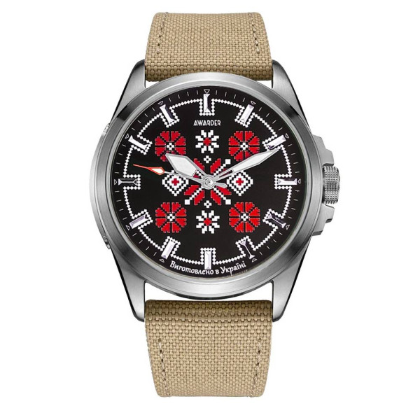 Патриотические наручные часы Awarder Embroidery Silver-Red Khaki Battery 10ATM фото 1