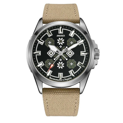 Патріотичний наручний годинник Awarder Embroidery Silver-Army Green Khaki Battery 10ATM