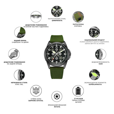 Патріотичний наручний годинник Awarder Embroidery Silver-Army Green Khaki Battery 10ATM