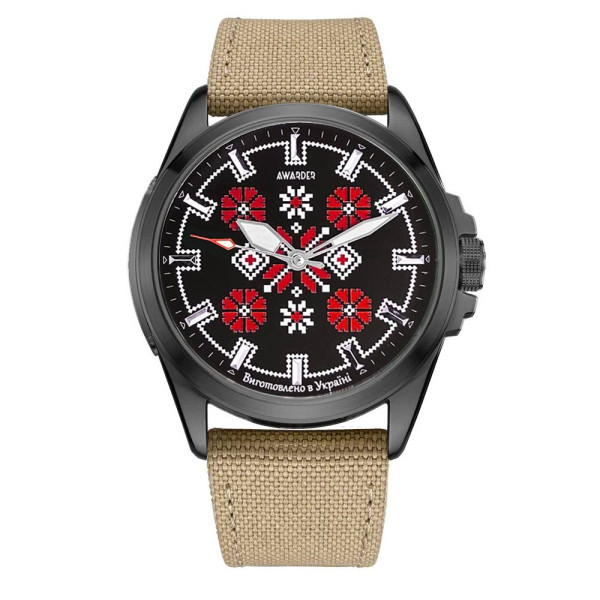 Патріотичний наручний годинник Awarder Embroidery Black-Red Khaki Battery 10ATM фото 1