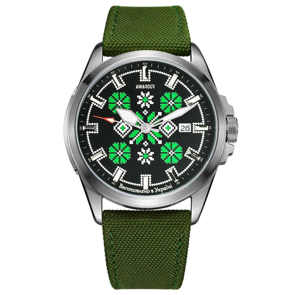 Патріотичний наручний годинник Awarder Embroidery Silver-Green Green Automatic 10ATM фото 1