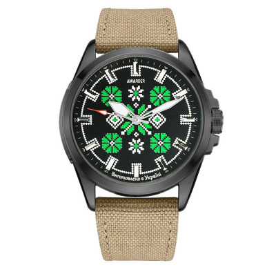 Патриотические наручные часы Awarder Embroidery Black-Green Khaki Battery 10ATM
