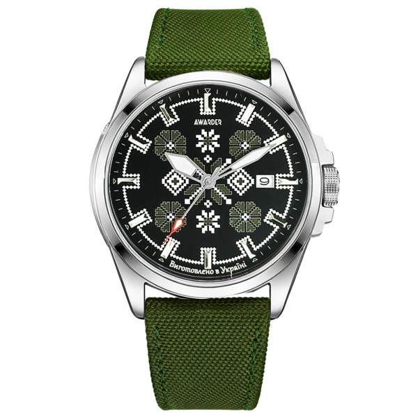 Патріотичний наручний годинник Awarder Embroidery Silver-Army Green Green Automatic 10ATM фото 1