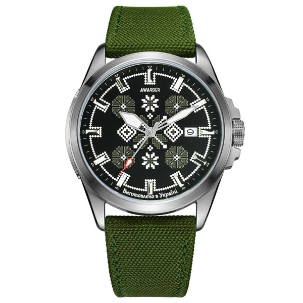 Патріотичний наручний годинник Awarder Embroidery Silver-Army Green Green Automatic 10ATM фото 1