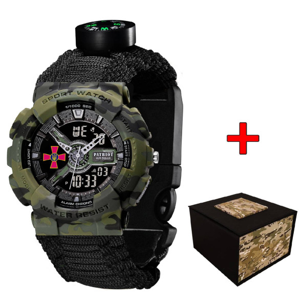 Часы наручные Patriot 005CMGRSU ВСУ Зеленый камуфляж Паракордовый ремешок Black + Коробка фото 1