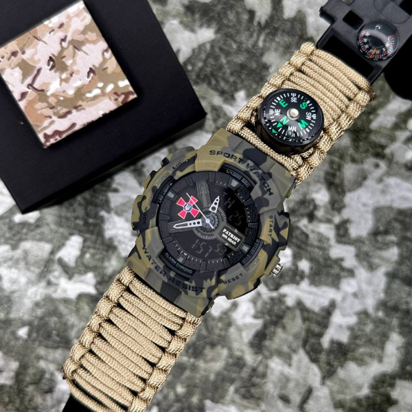 Часы наручные Patriot 005CMGRSU ВСУ Зеленый камуфляж Паракордовый ремешок Khaki + Коробка. фото 4