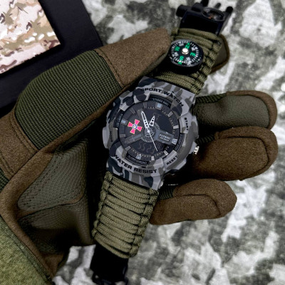 Часы наручные Patriot 005CMGYSU ВСУ Серый камуфляж Паракордовый ремешок Army Green + Коробка