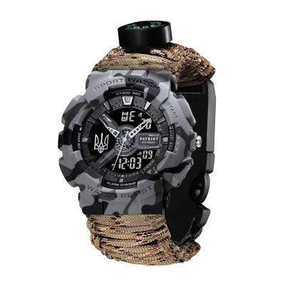 Patriot 005 Трезубец серебро Серый камуфляж Паракордовый ремешок Desert Camo + Короб