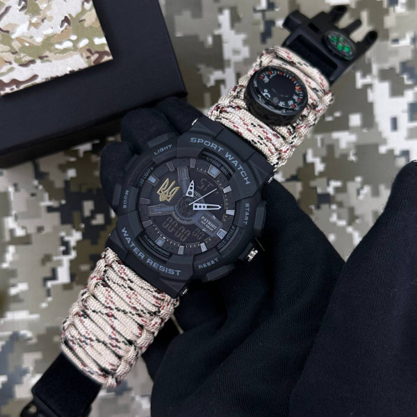 Годинник наручний Patriot 005 Тризуб золото Чорний Паракордовий ремінець Desert Camo + Коробка фото 4